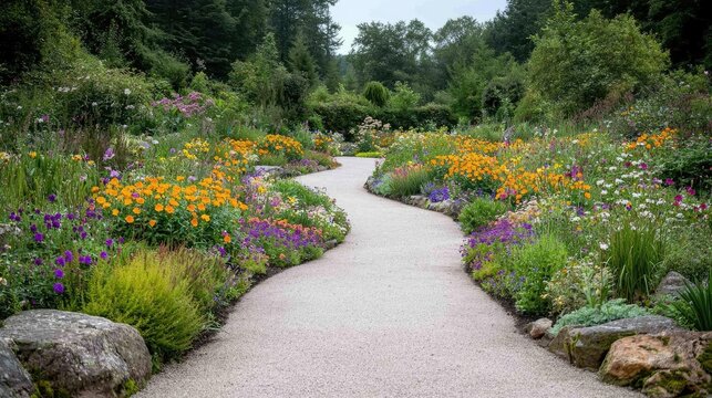 Winding gravel pathway curves through a lush botanical garden filled with colorful blooming flowers.