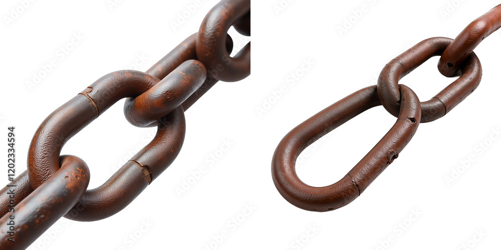 Poster a rusty steel chain is isolated on a plain white background in this clear cutout design image. 00001