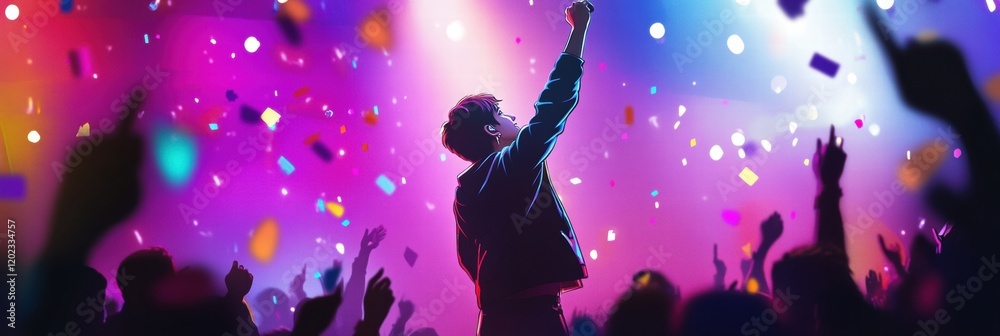 Poster k pop idol captivates fans with powerful performance at vibrant concert in a bustling arena during n