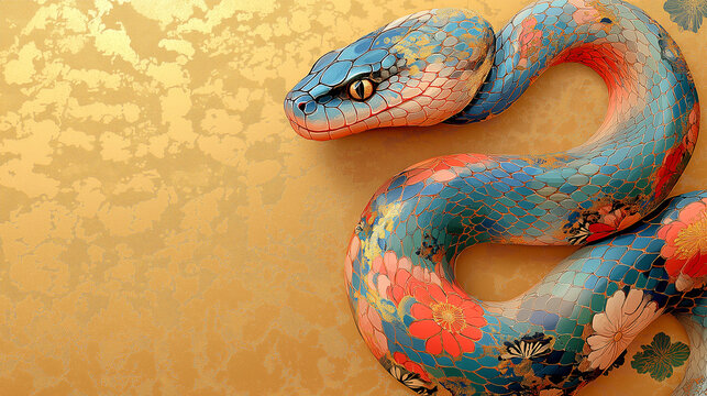 A colourful snake with a gold background