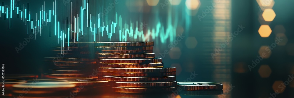 Aufkleber Stack of coins increasing in height with a stock market graph in the background. Representing financial growth. Investment success. And wealth accumulation in a dynamic and vibrant market environment