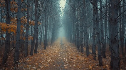 Naklejka premium Misty Forest Path Capturing Serene Autumn Morning Atmosphere