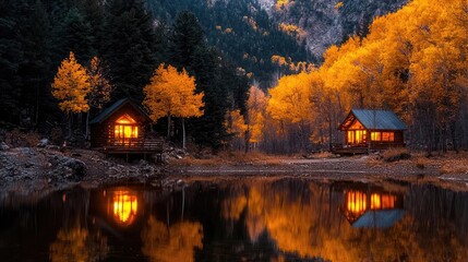 Fototapeta premium Autumn cabins reflecting in mountain lake at dusk