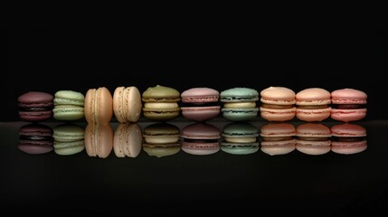 Macarons in Assorted Colors Arranged Neatly on Dark Background