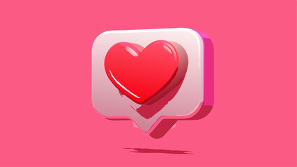 Valentine concept 3d red heart in speech bubble object isolated on pink background for graphic decorate. 3d render illustation with object clipping path. hyper realistic 