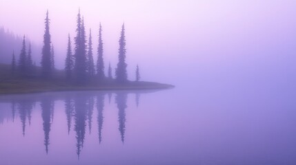 Misty morning lake with tall trees reflected in calm water.