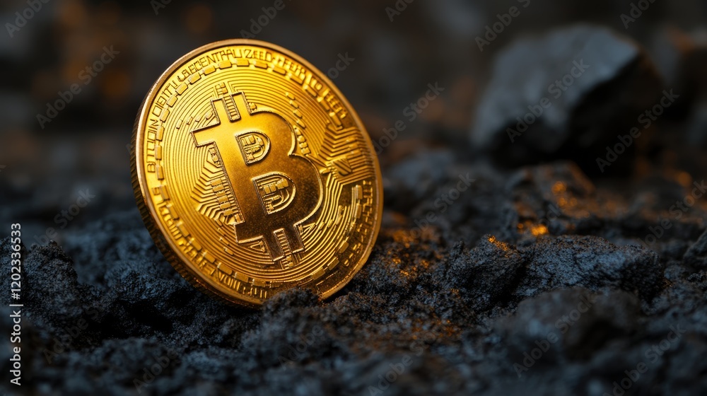 Poster gleaming golden bitcoin rests on a bed of dark coal, symbolizing the energy intensive process of bit