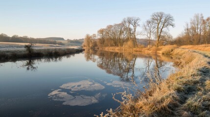 Reflective Lake Scene Surrounded by Trees in Autumn Glow