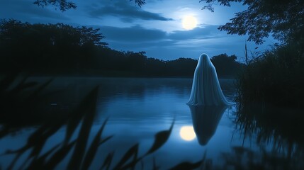 Ethereal light revealing a ghostly silhouette in a moonlit natural setting