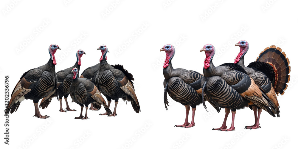 Aufkleber A Group Of Wild Turkeys Stands Out Against A Clean White Background In A Serene And Isolated Setting. 00001