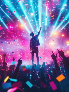 K Pop idol captivates audience during electrifying live performance filled with vibrant colors and enthusiastic fans. Generative AI