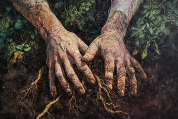 Obraz premium Weathered Hands Cultivating Roots in Rich Soil