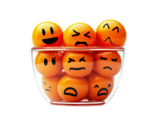 Isolated Glass Bowl of Orange Emoji Faces