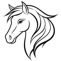 A majestic and graceful horse head in minimalist line art, featuring flowing curves and sharp details to represent strength and freedom.