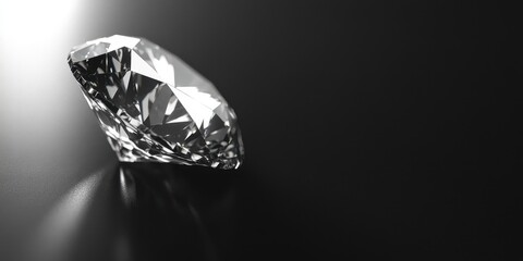 A radiant diamond is positioned on a smooth black surface, reflecting light and showcasing its intricate cut and beauty in an elegant manner