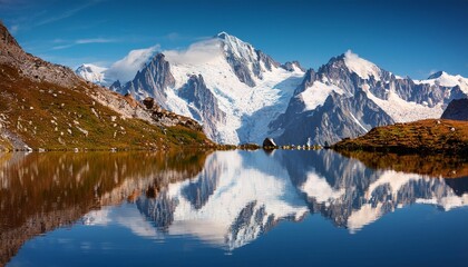 mirrored image of mont blanc on lake in high mountains inside the french alps chamonix