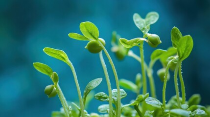Close-up of vibrant green sprouts emerging from seeds against a teal background.