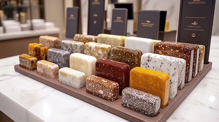 Colorful soap bars displayed on wooden tray in store, blurred background