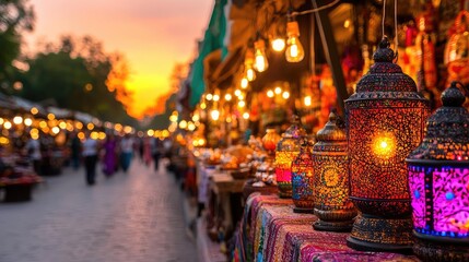 Fototapeta premium Evening market lanterns, sunset shoppers, Middle East