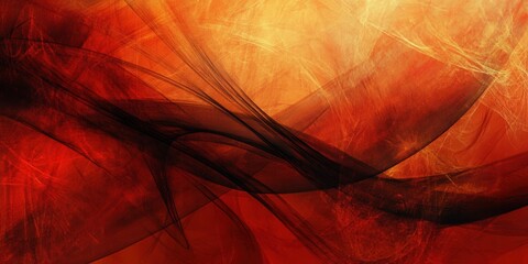 A dynamic composition showcases flowing lines in vibrant red and orange hues, creating a sense of movement and warmth in an abstract setting