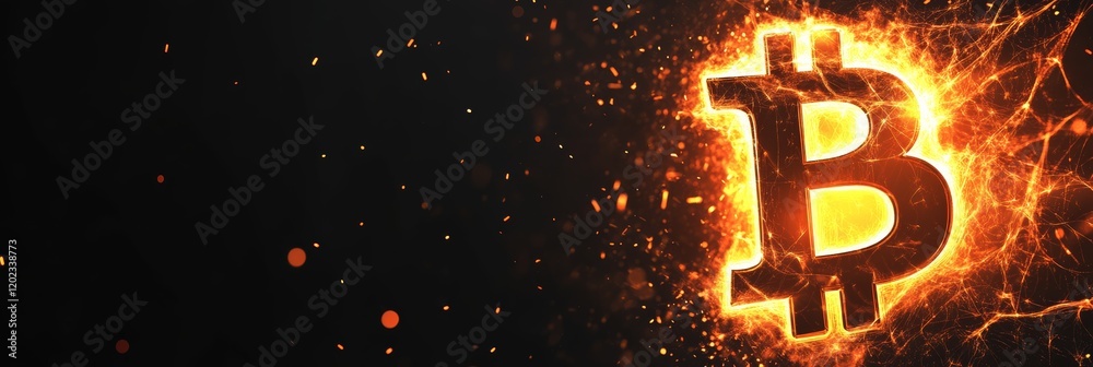 Poster bitcoin symbol burning in bright flames with sparks and embers on a dark background representing the