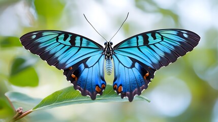 Vivid Blue Butterfly Resting on Green Leaf