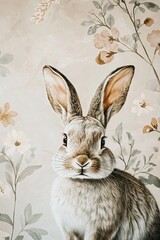 Obraz premium A beautifully crafted watercolor work captures a rabbit in soft gray and beige tones, set against a delicate backdrop of floral accents, combining elegance with a minimalist style