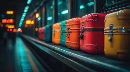 Colorful suitcases on airport conveyor belt, blurred station background