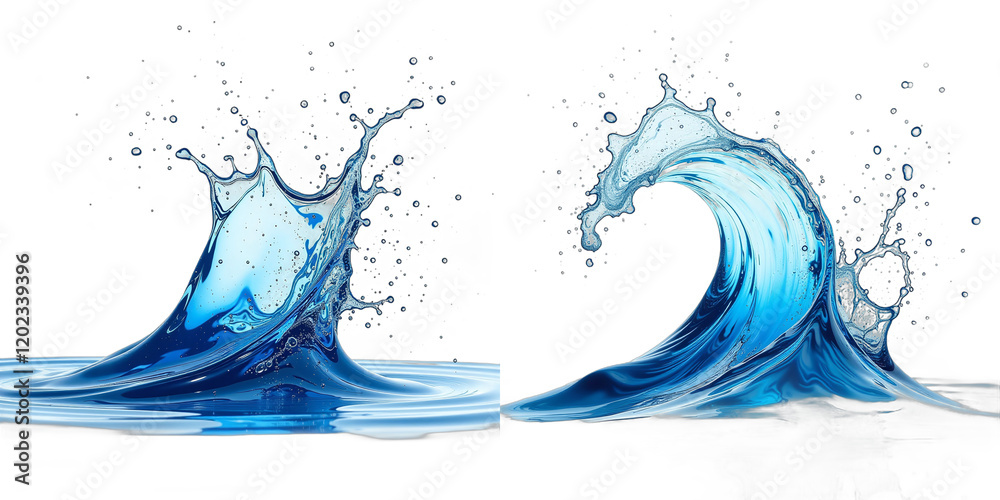 Poster a blue abstract water splash with an explosive wave motion is isolated against a clean white backgro