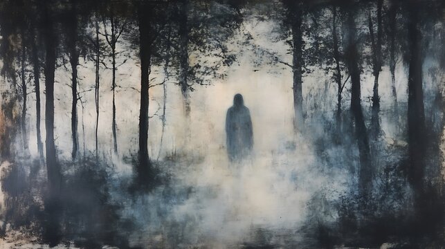 Ethereal ghostly figure fading into the mist of a shadowed grove