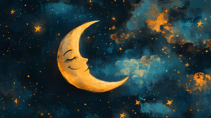 Naklejka premium Smiling crescent moon with closed eyes in a starry night sky. Celestial Starry Night. Illustration