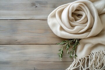 A soft wool scarf in light taupe is gently draped over a clean wooden surface, accompanied by a small sprig of greenery for a calming and organic touch, ideal for a cozy setting