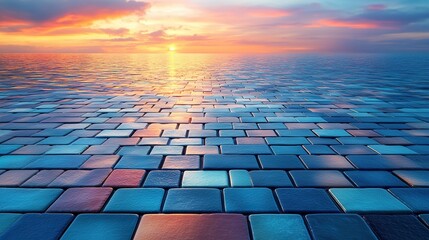 Naklejka premium Colorful tiled path at sunset over the ocean