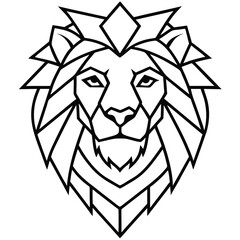 A sleek and majestic lion head drawn in modern line art style, featuring sharp geometric lines and intricate detailing to convey strength and nobility.