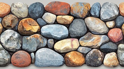 Colorful, smooth river rocks arranged in a seamless pattern.