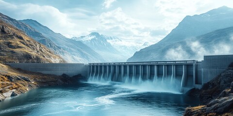 Fototapeta premium A colossal dam channels water from a river, surrounded by towering mountains under a partly cloudy sky, reflecting nature's grandeur and engineering