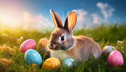 adorable little bunny and easter eggs within the meadow