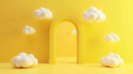 Minimalist Yellow Background With Floating White Clouds and an Archway