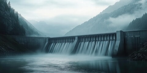 Fototapeta premium Water flows smoothly over a concrete dam as mist envelops the mountains at dawn, offering a tranquil view of nature’s beauty and power