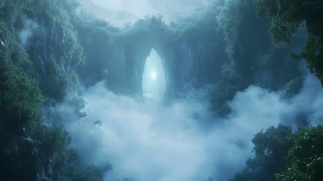 Ghostly glow appearing through the fog of a dense natural setting