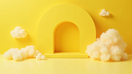 Minimalist Yellow Background With Floating White Clouds and an Archway