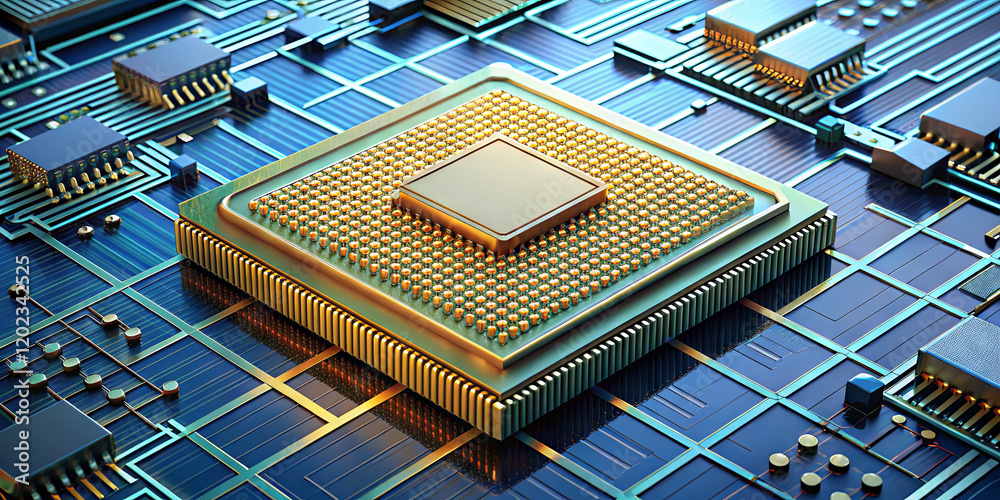 Poster a microprocessor is centered on a circuit board, showcasing intricate connections and components in 