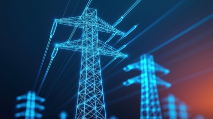 A digital illustration of power lines, showcasing high-voltage transmission towers in a futuristic, blue-toned style against a dark background.