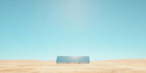 A lone solar panel is positioned in a dry desert landscape, surrounded by sand and illuminated by a clear blue sky with intense sunlight at midday