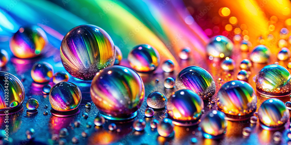 Poster numerous droplets, displaying bright, vivid colors, scatter across a dark surface, creating a captiv