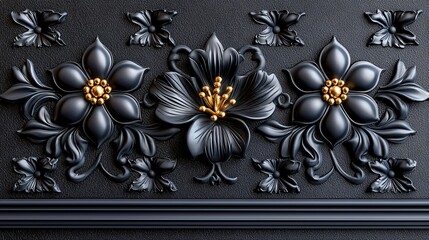 Elegant Black and Gold Floral Design Wall Panel  Luxury 3D Relief Ornament