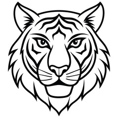 A fierce and majestic tiger head drawn in minimalist line art style, highlighting sharp angles and intense eyes to represent power and courage.