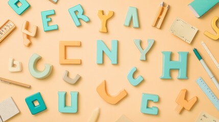 Pastel alphabet letters and stationery supplies on a beige background.