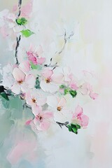 Cherry blossoms with thick brushstrokes in gentle pinks and whites, accented by pastel greens, creating a serene and elegant ambiance