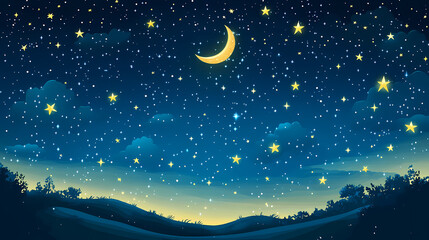 Naklejka premium A peaceful night sky with stars shining brightly, creating a vast and breathtaking celestial scene that captures the essence of wonder and calm. Celestial Starry Night. Illustration